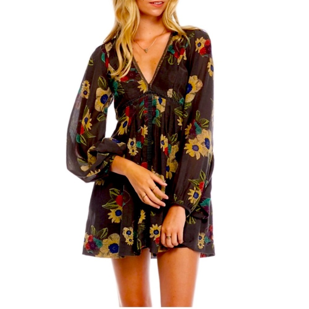 NWOT FREE PEOPLE Strawberry Fields Floral Tunic Dress Brown Long Sleeve Boho SM - Picture 5 of 12